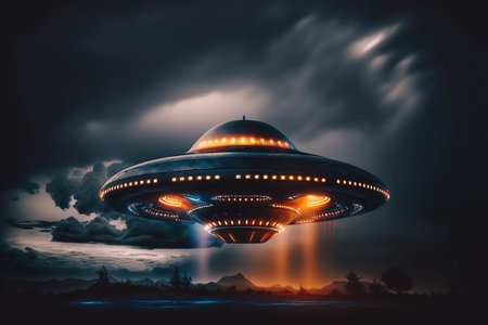 UFO in the night sky. 3d rendering. Computer digital drawing.の素材