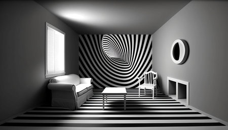 Interior of a room with black and white stripes, 3d renderの素材