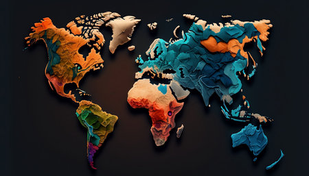 World map made of colorful paper on dark background. 3D renderingの素材