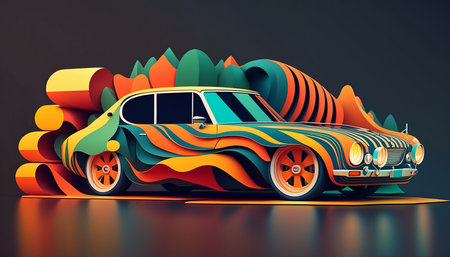Retro car with abstract background. 3D illustration. Vintage car.の素材