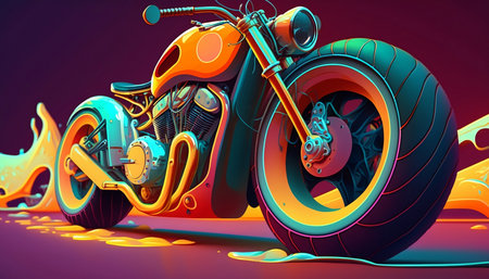 3d illustration of a motorcycle in orange and yellow on a dark backgroundの素材