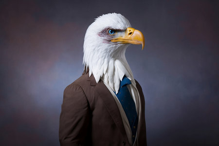 bald eagle in a suit and tie on a dark background.の素材