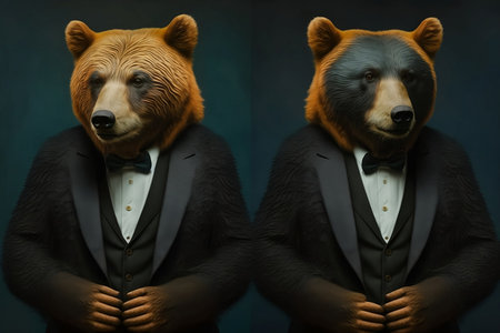 Grizzly bears in a suit and bow tie on a dark backgroundの素材
