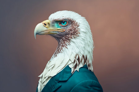 Portrait of a bald eagle in a green jacket and blue eyesの素材