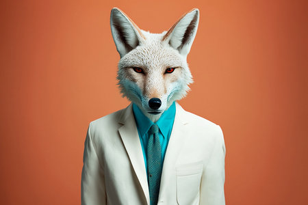Portrait of a fox in a suit on an orange background.の素材