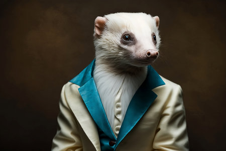 Portrait of a white ferret in a jacket on a dark backgroundの素材
