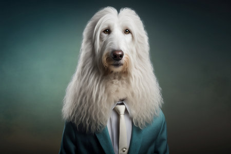Studio portrait of a Afghan hound dog wearing a suit and tieの素材