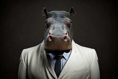 Portrait of a funny hippo in a suit on a black backgroundの素材