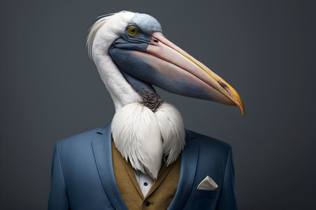 Portrait of a pelican in a suit on a dark backgroundの素材