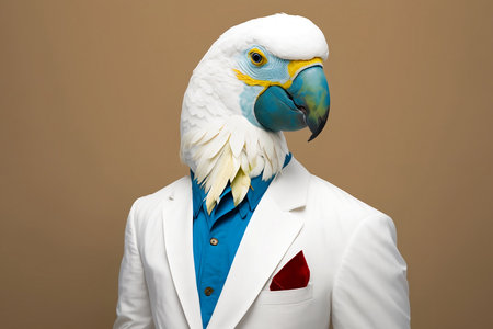 Portrait of a parrot in a white suit with a blue shirtの素材