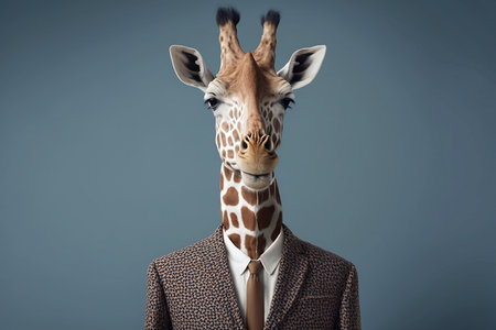 Funny giraffe in suit and tie. Portrait of a funny animal.の素材