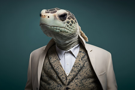 Turtle in a suit on a green background. Studio shot.の素材