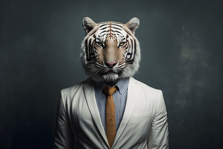 Businessman in suit with white tiger head on dark background concept.の素材