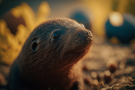 Cute little baby sea otter on a background of autumn leavesの素材