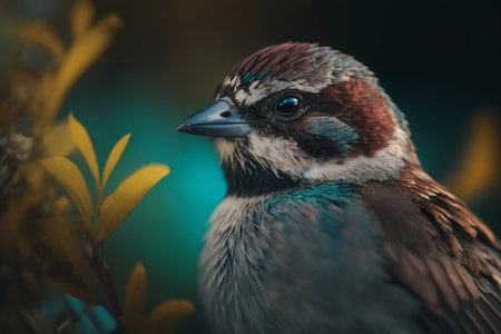 Portrait of a sparrow sitting on a branch in the gardenの素材