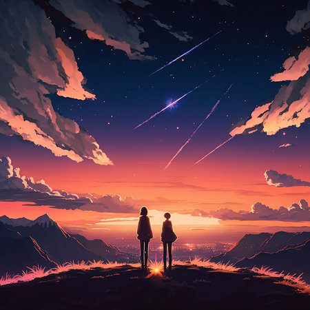 Couple standing on top of the mountain and looking at the starry skyの素材