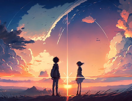 Fantasy scene with boy and girl at sunset.の素材