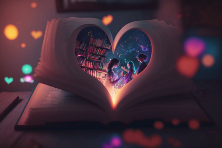 Open book with glowing heart. Valentine's day background. Love conceptの素材