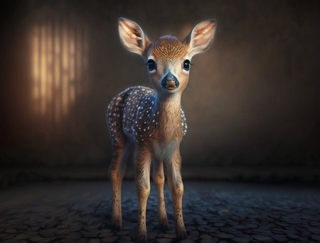 Cute little fawn in a dark room.の素材
