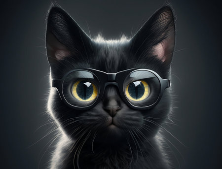 Portrait of a black cat wearing glasses on a dark background.の素材