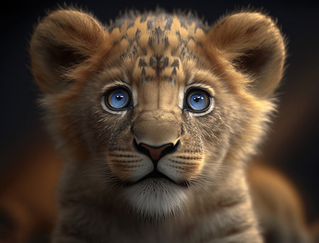 3D rendering of a tiger cub with a big blue eyes.の素材