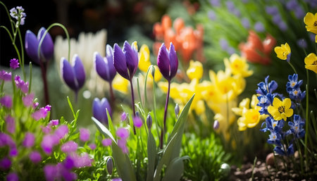 Colorful tulips and daffodils blooming in the gardenの素材