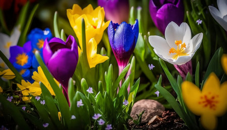 colorful crocuses and daffodils in the gardenの素材