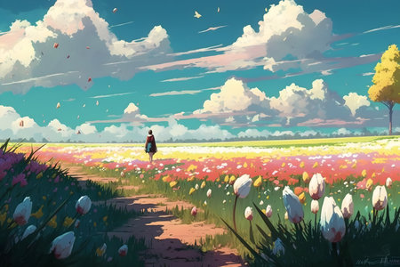 Illustration of a girl walking in the field of tulips.の素材