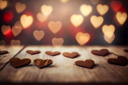 Wooden hearts on wooden table and bokeh background. Valentines day conceptの素材