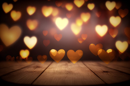 Wooden table with hearts bokeh background. Valentines day conceptの素材