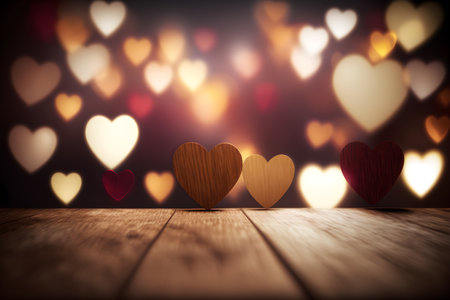 Wooden hearts on wooden table over heart bokeh background. Valentine's day conceptの素材