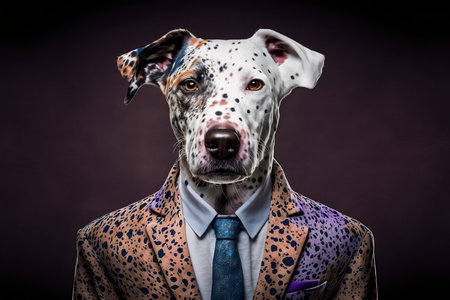 Dalmatian dog in a suit and tie on a dark backgroundの素材