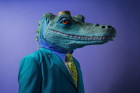 Crocodile in a blue suit and tie on a purple backgroundの素材