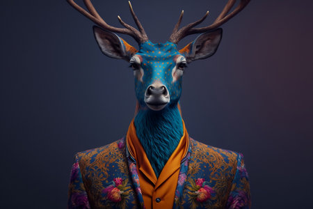 Portrait of a deer in a suit with a pattern on his headの素材