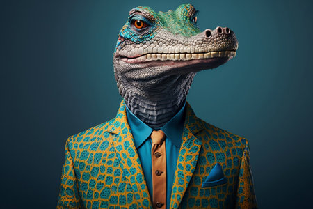 Portrait of a funny crocodile in a suit on a blue background.の素材