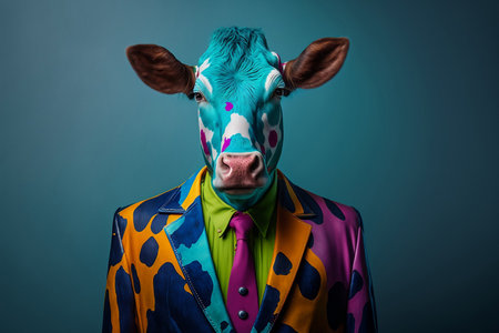 Portrait of a funny cow in a colorful jacket and tie.の素材