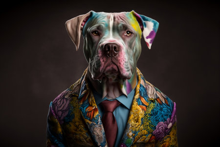 Studio portrait of a pitbull dog wearing a colorful jacket and tieの素材