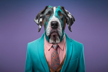 Great Dane dog in a suit and tie on a purple background.の素材