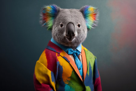 Funny koala clown with colorful shirt and tie on dark backgroundの素材