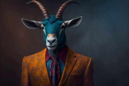 Portrait of a goat in a suit on a dark background.の素材