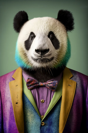 a giant panda in a colorful suit and bow tie, studio shotの素材