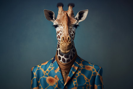 Portrait of giraffe wearing coat and necktie on dark backgroundの素材