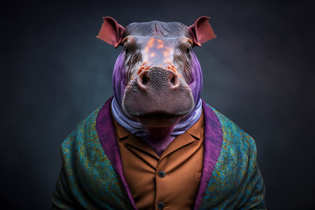 Portrait of a hippo in a colorful suit on a dark backgroundの素材