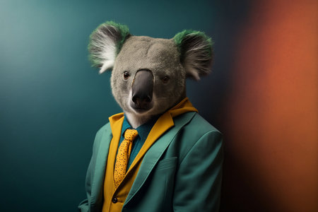 Portrait of a funny koala wearing a green jacket and yellow tieの素材