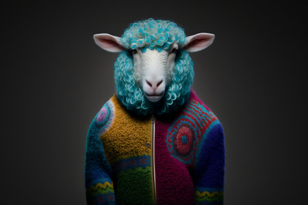 Sheep in a colorful sweater on a dark background. Portraitの素材