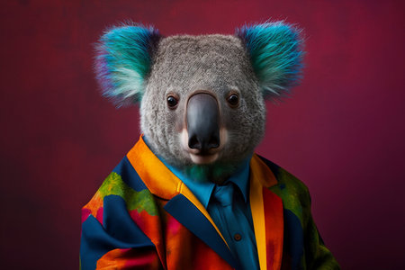 Portrait of a funny koala wearing a clown costume. Studio shot.の素材