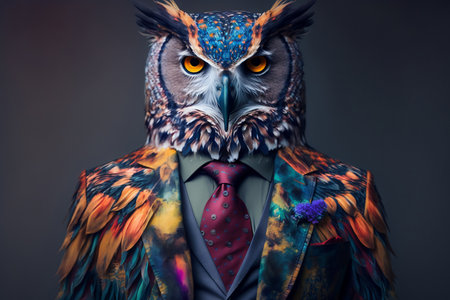 Portrait of an owl in a suit and tie on a dark background.の素材
