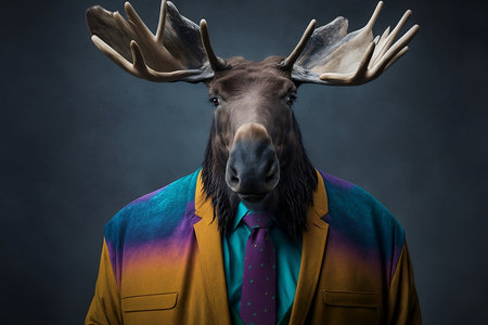 Portrait of a moose in a suit and tie on a dark backgroundの素材