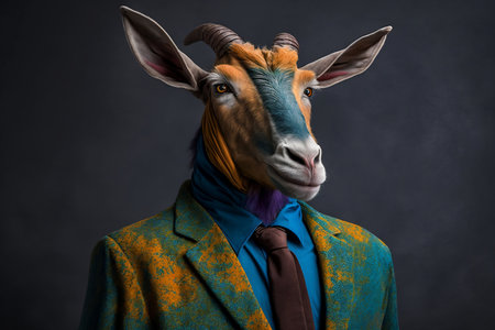 Portrait of a goat in a suit on a black background.の素材