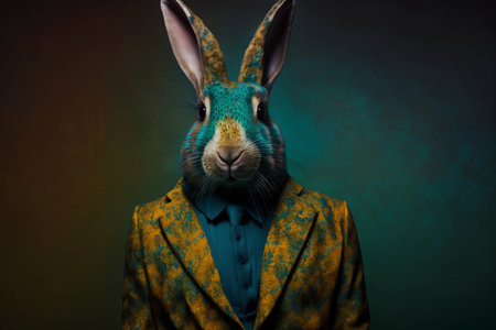 Easter bunny in a jacket and tie on a dark background.の素材